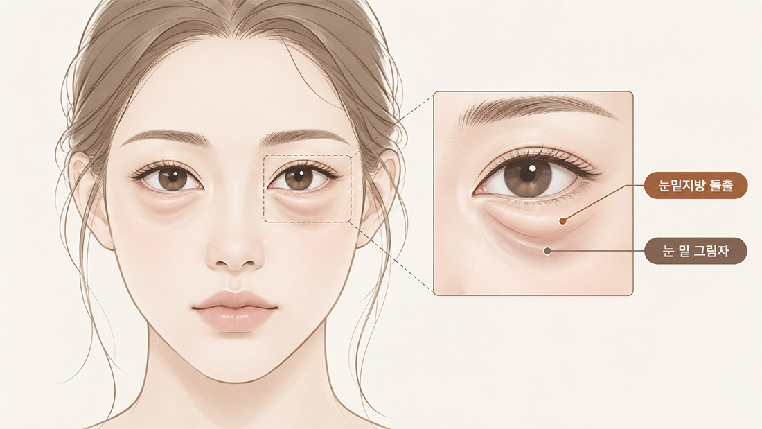 눈밑지방 돌출과 눈 밑 그림자를 설명하는 눈밑지방재배치 이미지